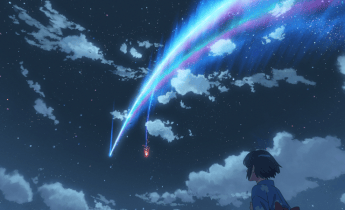Animated night sky with a bright blue-and-pink comet arcing overhead as a person watches from the lower right.