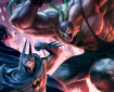 Comic-book artwork of Batman raising his fist toward the much larger, masked villain Bane, with a glowing city skyline behind them.