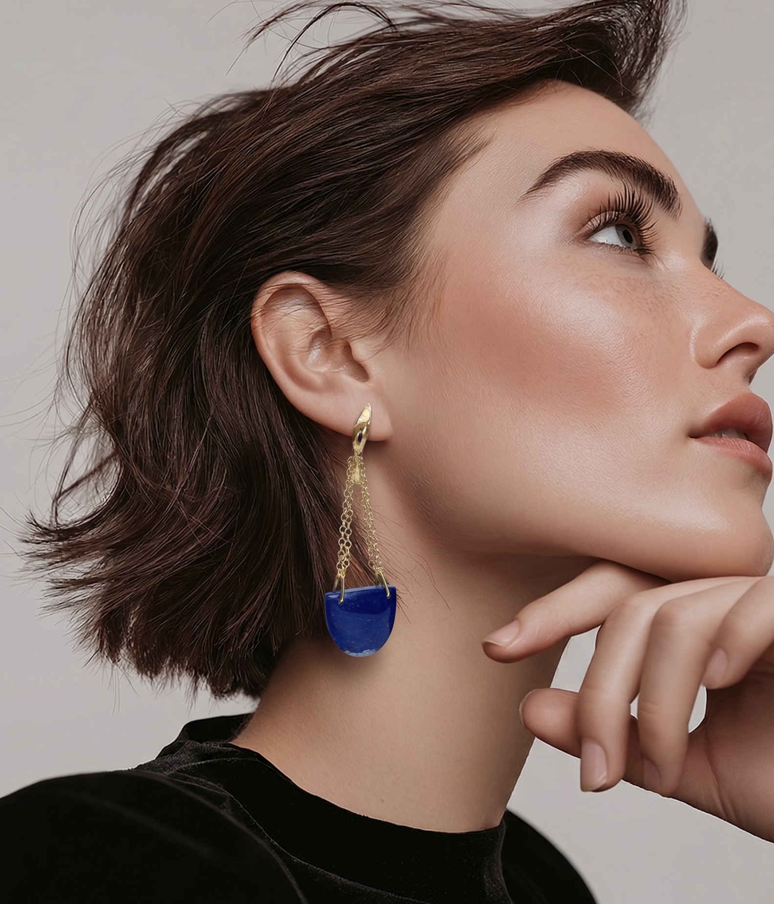 Lapis Lazuli Haf Moon Gold chain Earrings with latch back closure