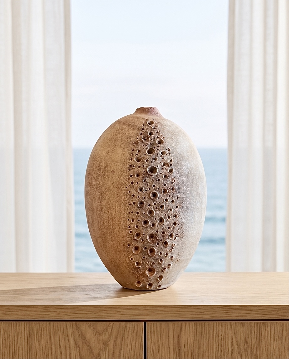 Marine Sculptural Vase. The vase vaguely resembles a coral. The form is minimalistic but textured elements draw your attention want to explore the subtle details. The natural brushwork retains the elegant seashore quality of nature’s work. The subtle contrast between light pink sponge holes and sand color and texture on the main body adds organic feel. 