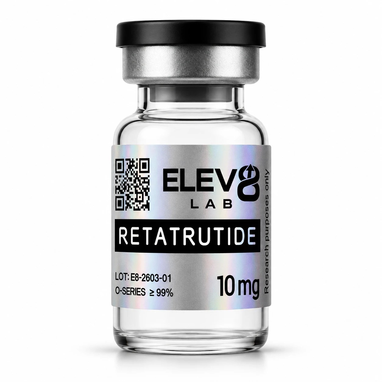 Retatrutide 10 mg Elev8 Lab vial with laboratory test results