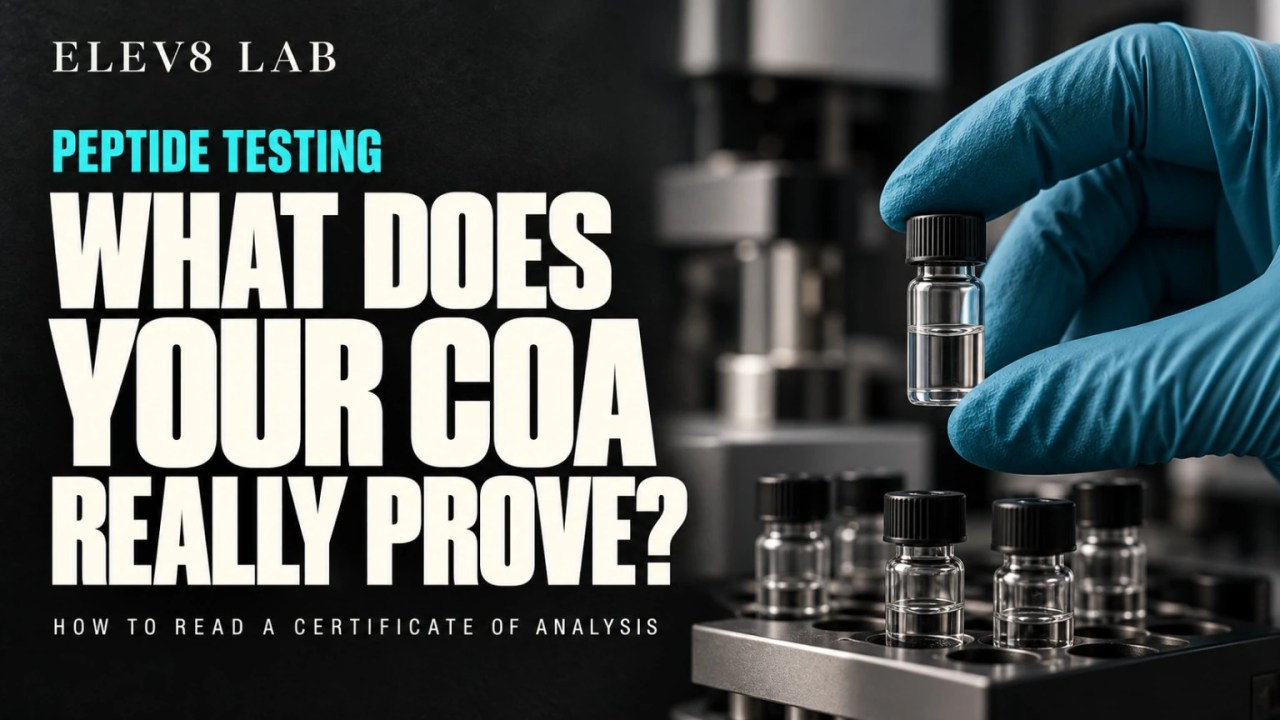 Peptide certificate of analysis with chromatogram and laboratory vial