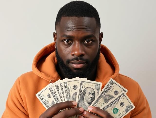 A wealthy man holding hundred dollar notes in his hand