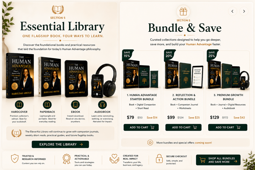 The ElevarAio Essential Library and Bundle & Save section featuring The Human Advantage by Hareldau Argyle in hardcover, paperback, eBook, and audiobook formats alongside curated book bundles for Human-Centered AI, Embodied Clarity, Sustainable Performance, Wealth, Wellness, and Longevity.