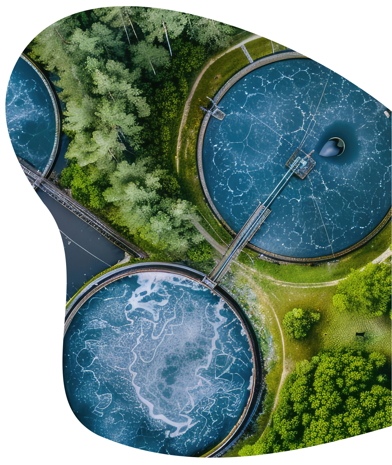 Aerial view of wastewater treatment tanks at a treatment facility