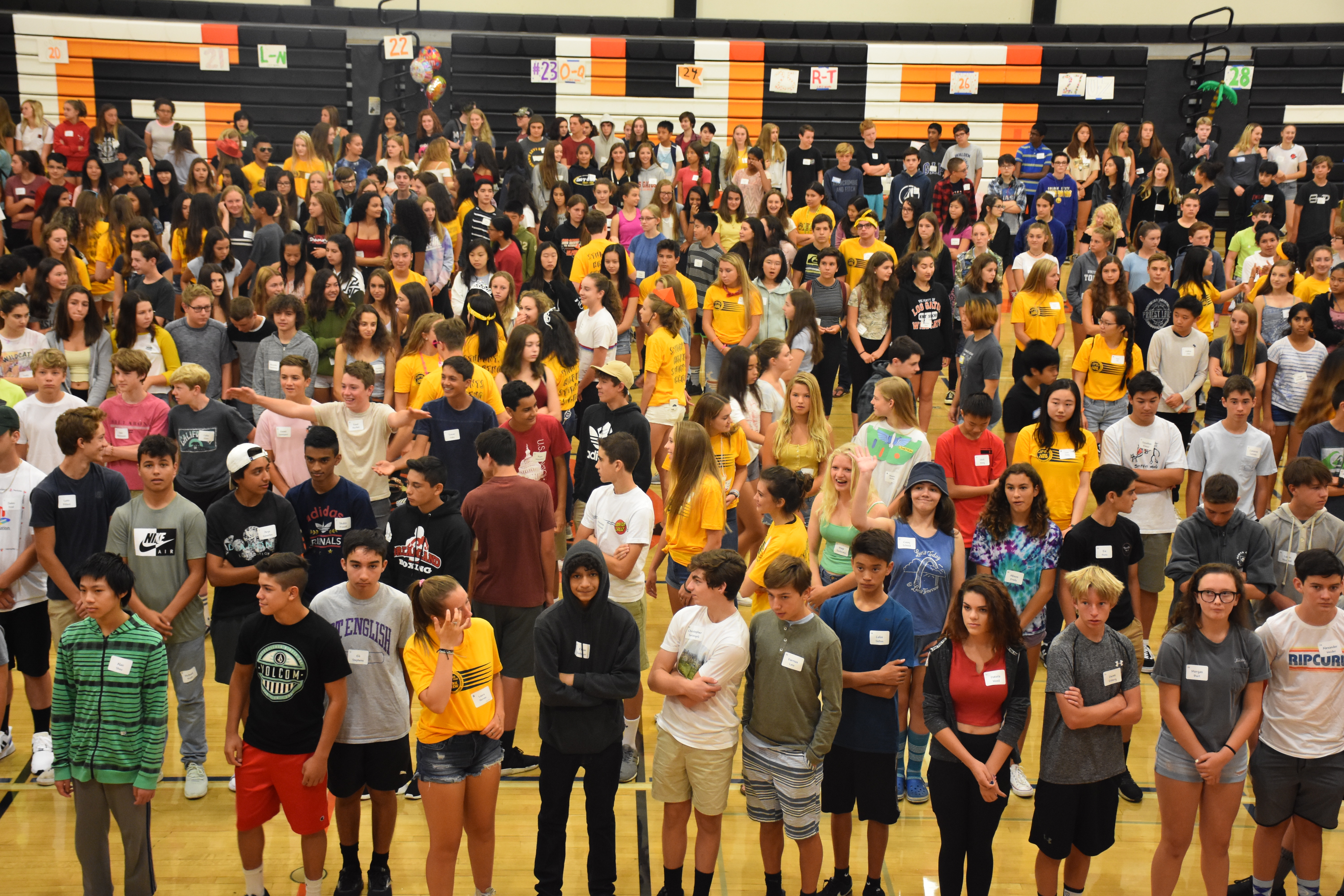 Freshmen line up in alphabetical order as an introductory activity
