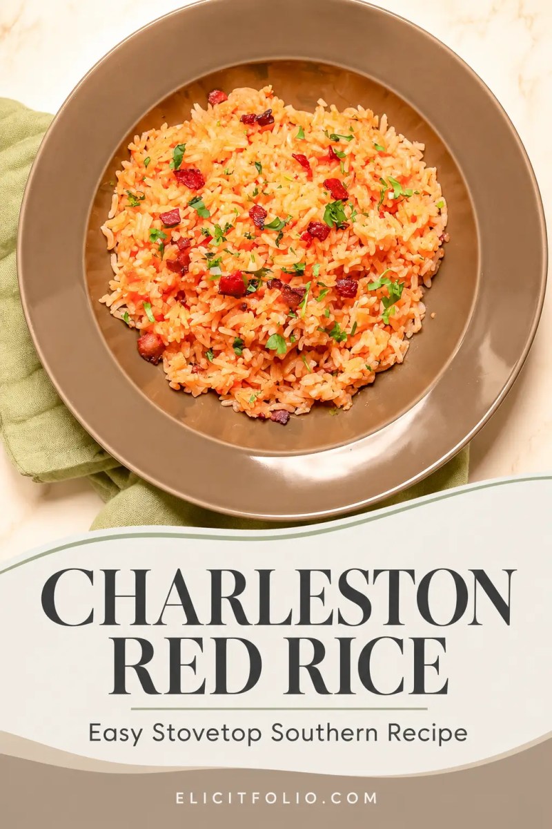 Overhead view of homemade Charleston red rice topped with crispy bacon and fresh cilantro in a brown bowl
