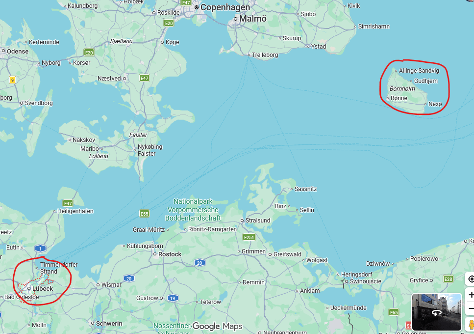 A map showing the distance from Bornholm to Lübeck. 