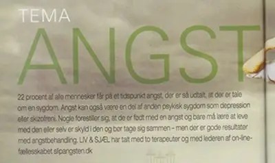 LIV & SJ&AElig;L magasinartikel om angst, med Elisabeth Aarup
