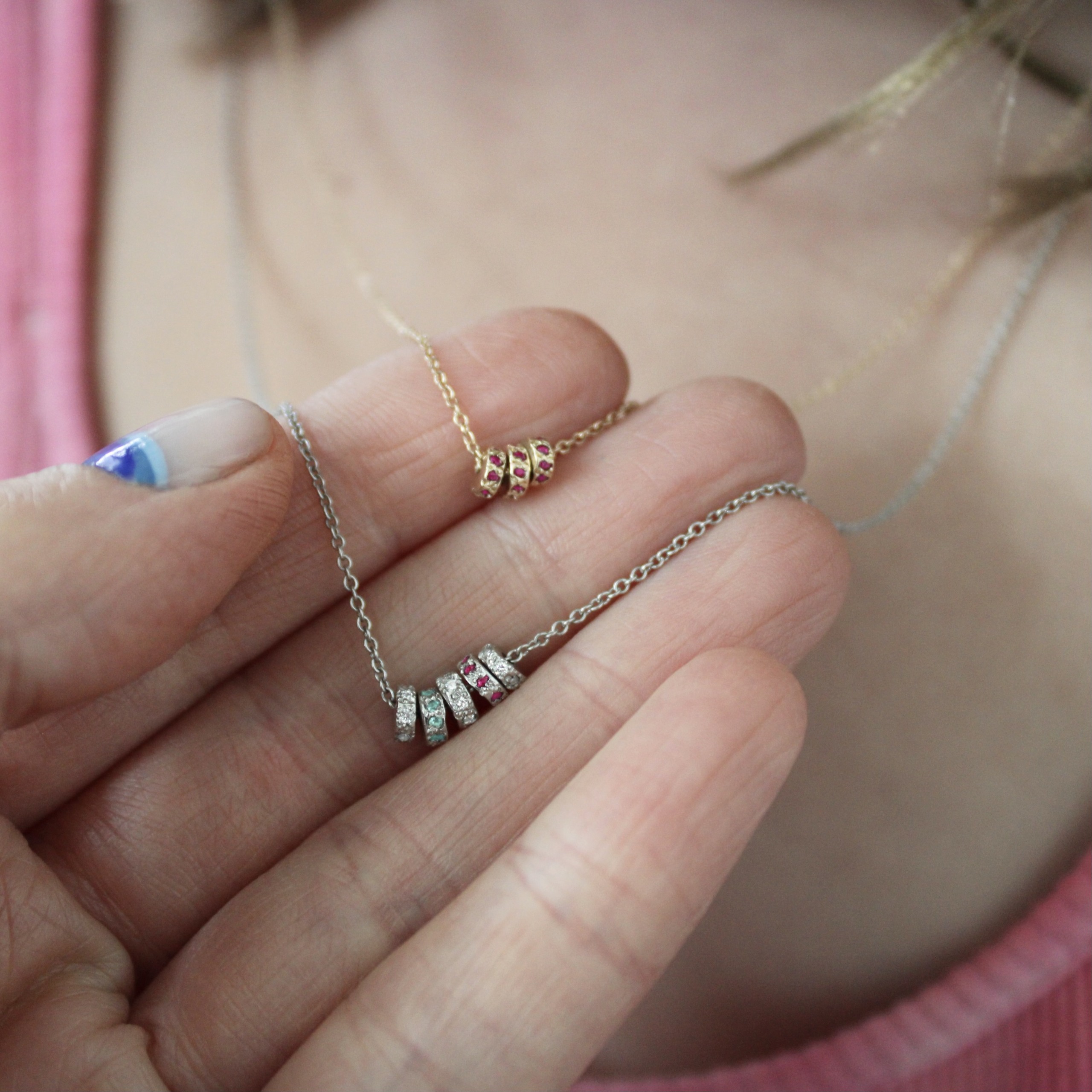 wearing the tiny beads necklace