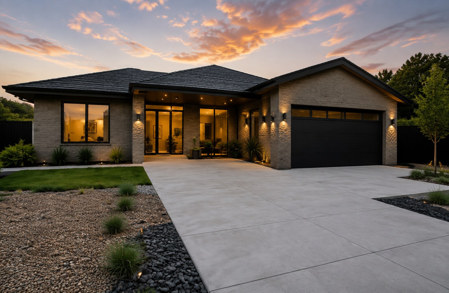 Alternate view of a modern residence with a finished concrete driveway and walkway