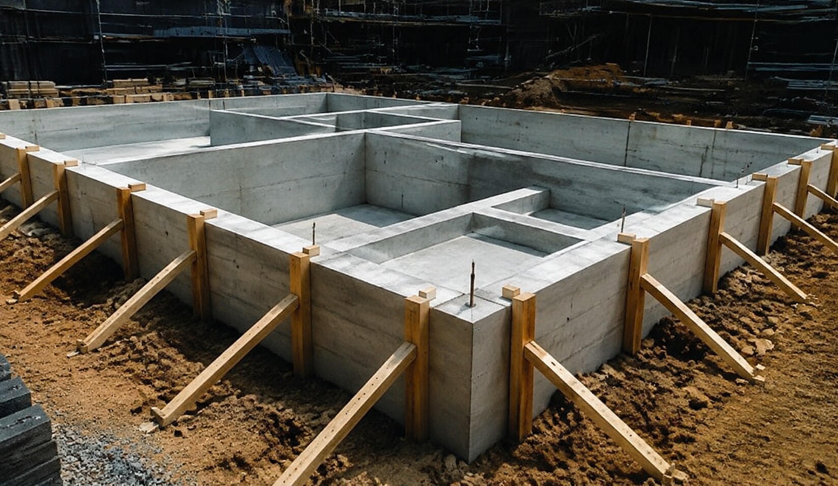 Alternate view across poured concrete residential foundation walls