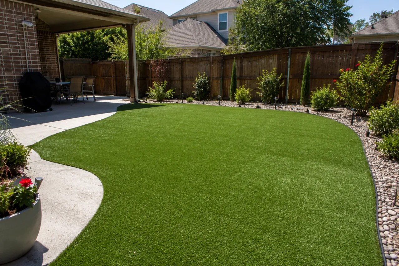 Stone paver patio path on artificial turf lawn installed by Elite Texas Turf in North Texas