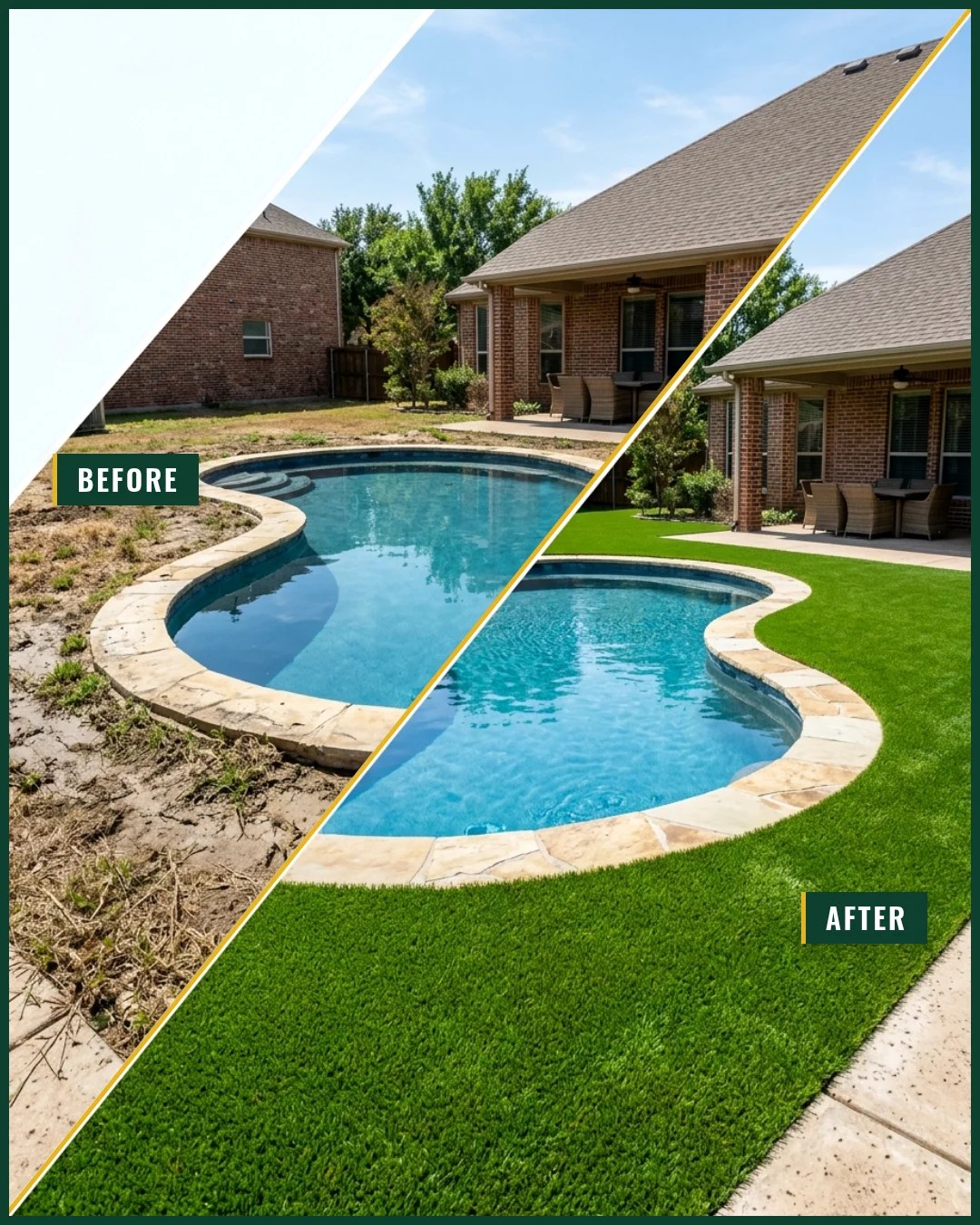 Before and after of a Dallas backyard pool surround, bare dirt and dead grass before, full artificial turf lawn up to the flagstone coping after
