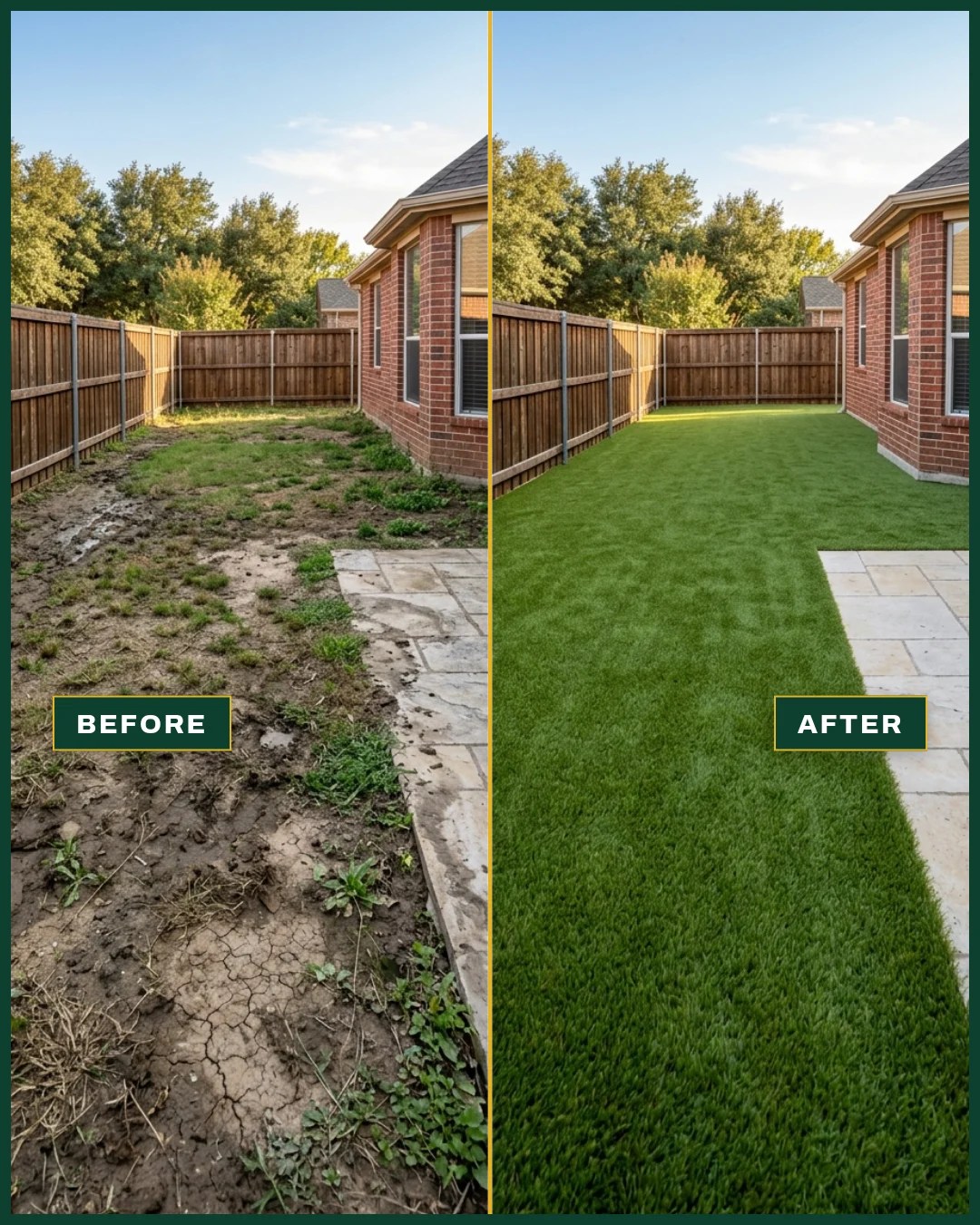 Before and after of a fenced side yard, muddy bare soil and patchy weeds before, even artificial turf lawn beside the stone path after