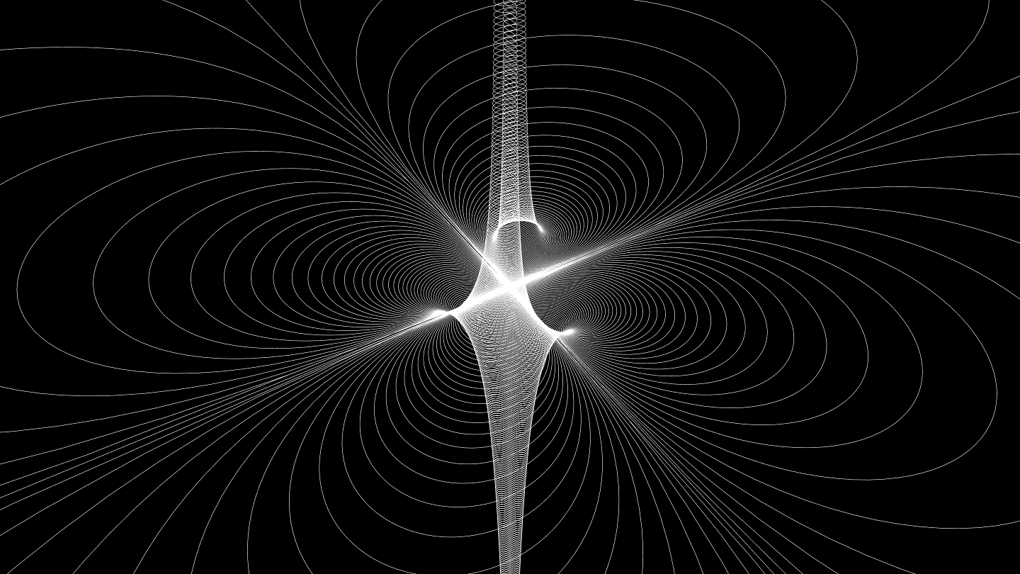 Complex Alien Eclipse #06. Code art by elkement 2021. Created with SageMath / threejs. Logarithm of absolute value of complex function exp(-1/z^2)
