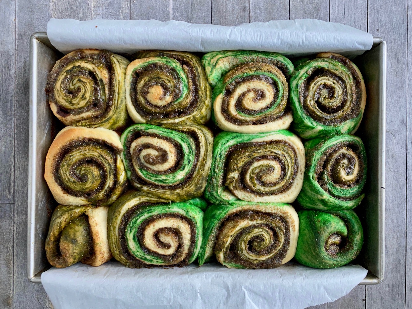 Pan of homemade overnight cinnamon rolls after baking.