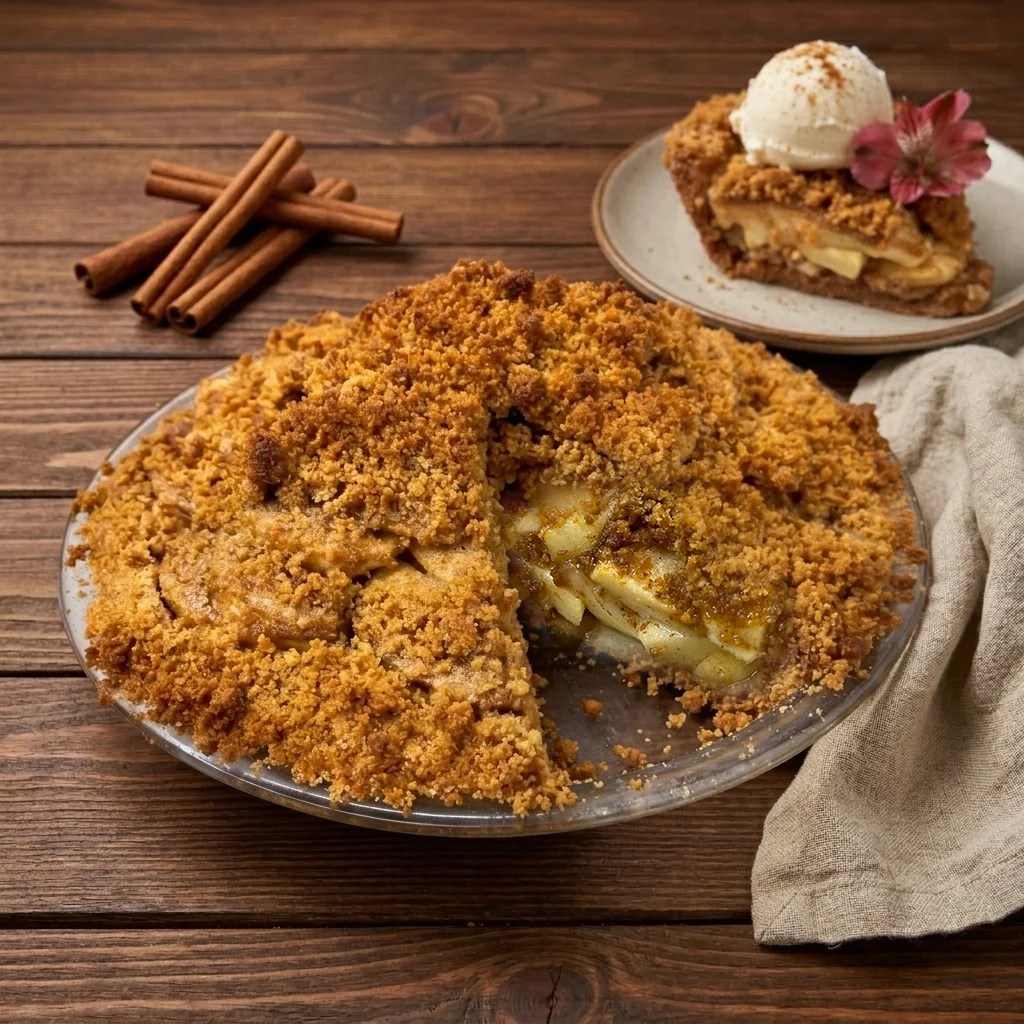 Crumble Crust Apple Pie with buttery graham cracker crust, cinnamon apple filling, and golden crumble topping served warm with vanilla ice cream