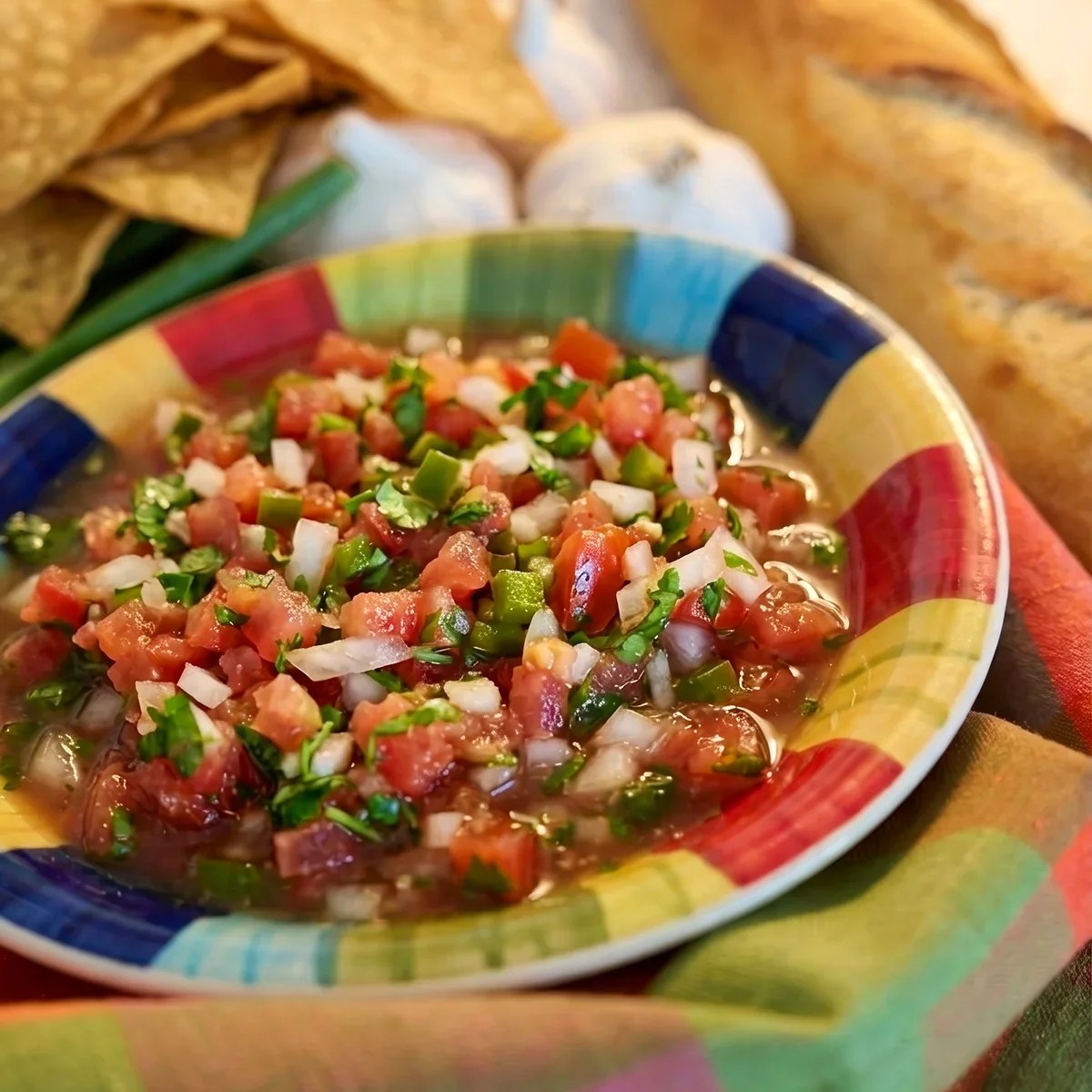 Chunky style fresh garlic salsa in a serving bowl with diced tomatoes, white onions, and cilantro, next to tortilla chips.