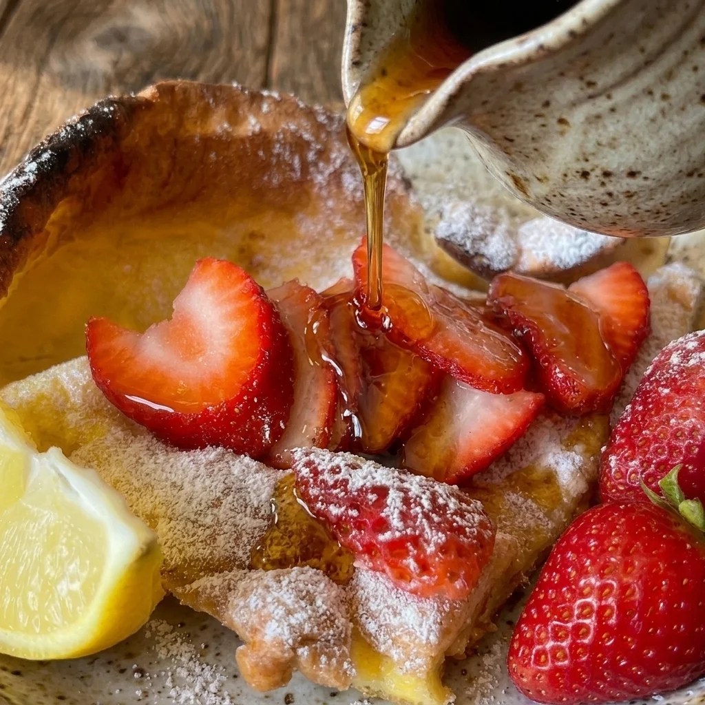 Vintage Dutch baby pancake puffed high in a cast-iron skillet and dusted with powdered sugar.