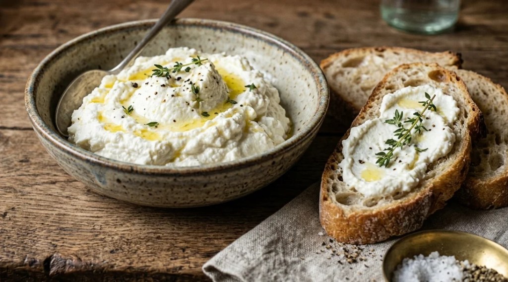 Creamy homemade ricotta cheese served in a bowl with extra-virgin olive oil, black pepper and fresh herbs.