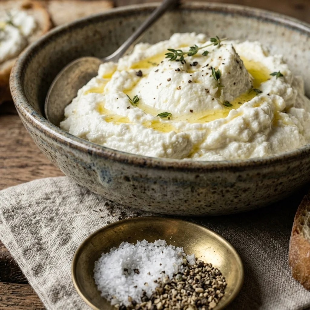 Creamy homemade ricotta cheese served in a bowl with extra-virgin olive oil, black pepper and fresh herbs.