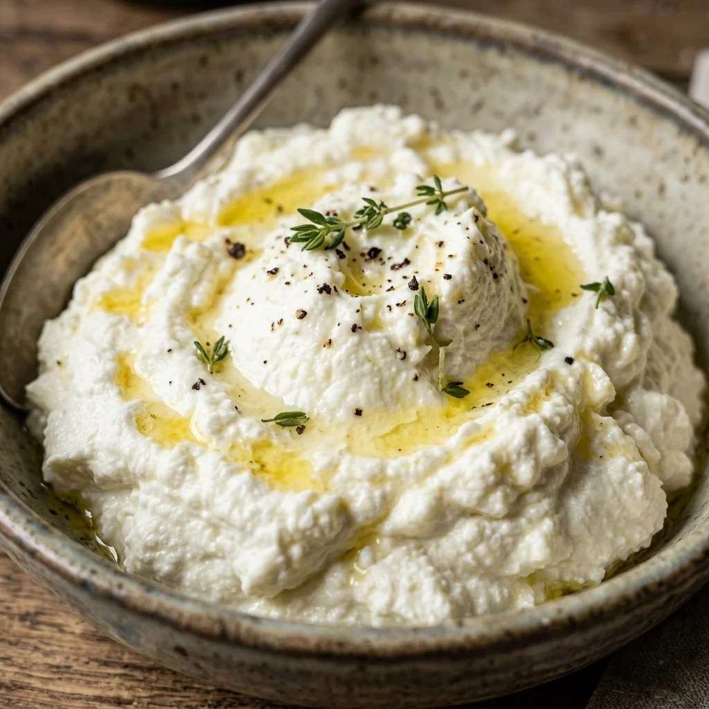Creamy homemade ricotta cheese served in a bowl with extra-virgin olive oil, black pepper and fresh herbs.