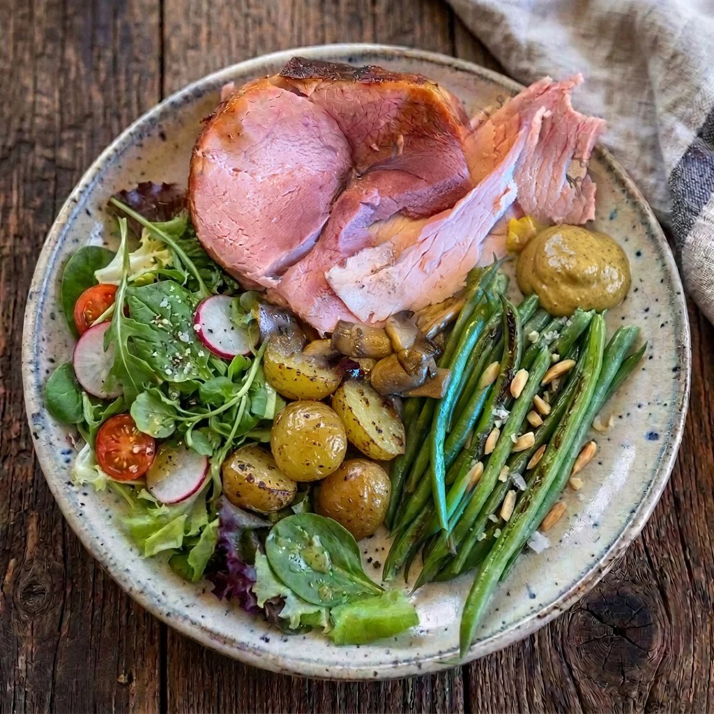 Maple-glazed bone-in ham served with roasted baby potatoes, green beans with almonds, fresh salad and Dijon mustard for an easy Easter dinner.