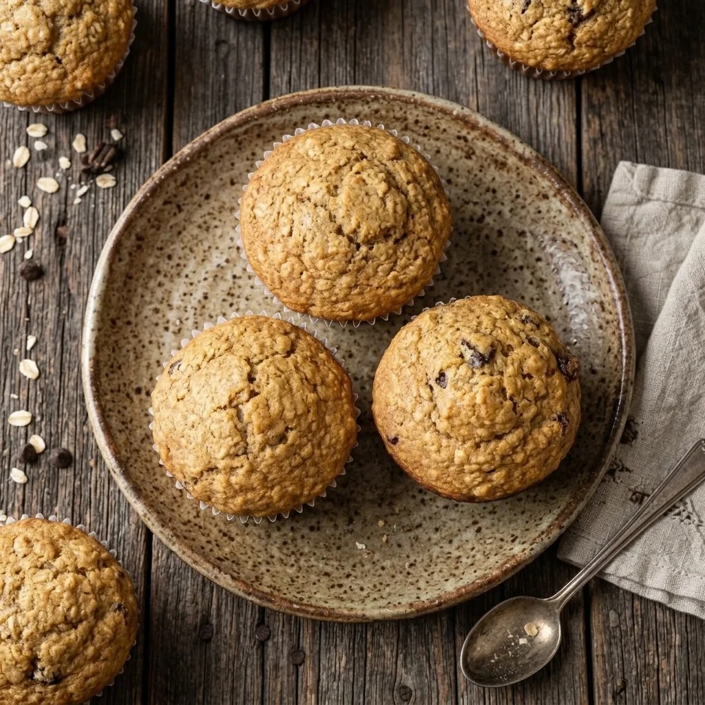 Homemade maple oatmeal raisin muffins on a rustic plate with golden tops, rolled oats, warm cinnamon spice, and plump raisins.
