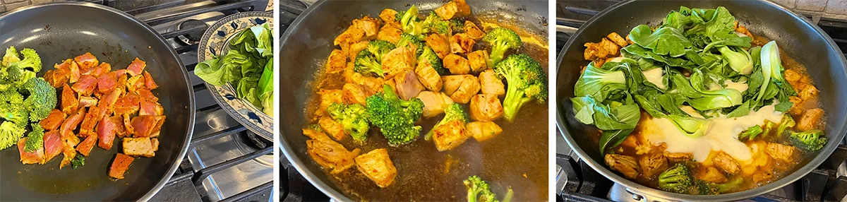 Seasoned pork cooking with broccoli, bok choy, chicken broth, and four-cheese Alfredo sauce for creamy Japanese BBQ pork penne pasta.