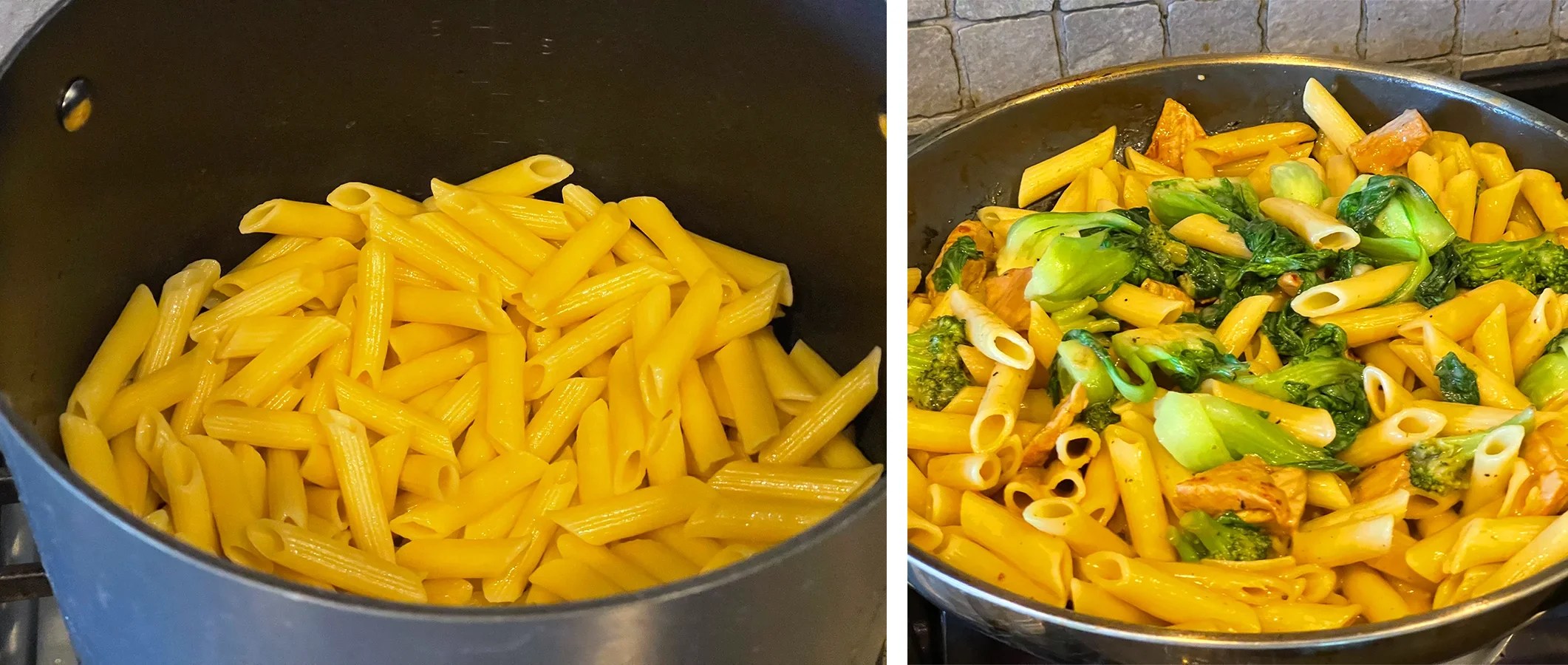 Cooked penne pasta tossed with creamy Japanese BBQ pork, bok choy, broccoli, chicken broth, and four-cheese Alfredo sauce in a skillet.