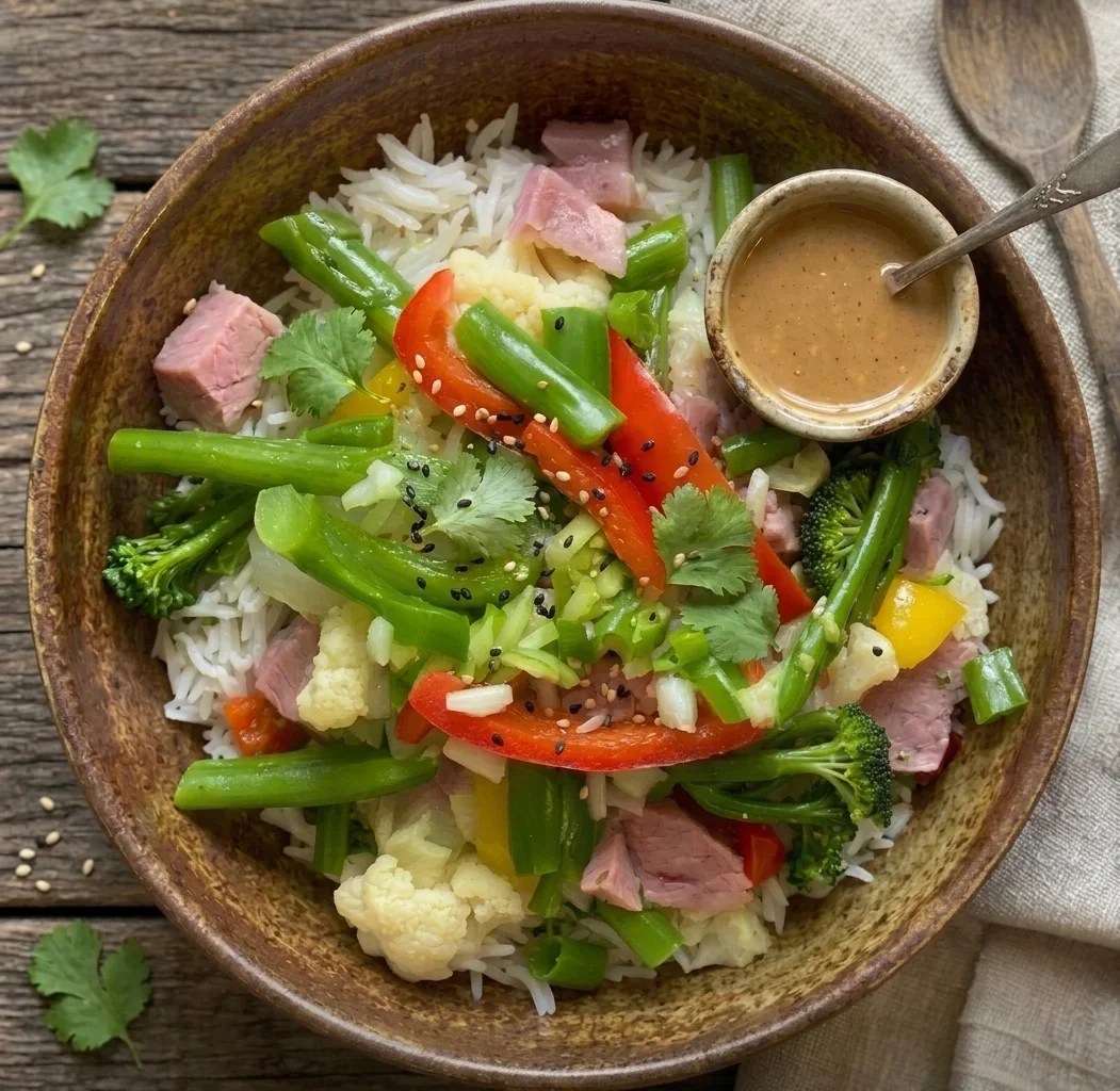 Easy ham, broccolini and cauliflower rice bowl with red and yellow bell peppers, green onions, sesame seeds, cilantro and creamy sesame-ginger sauce.