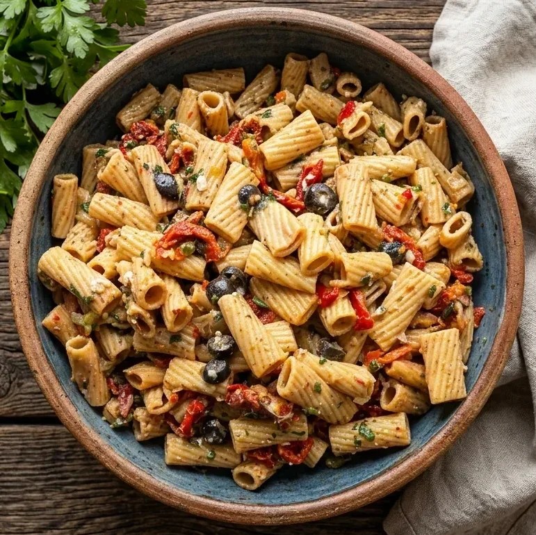Mediterranean sun-dried tomato rigatoni pasta salad with feta cheese, black olives, green onions and fresh herbs in a rustic bowl.