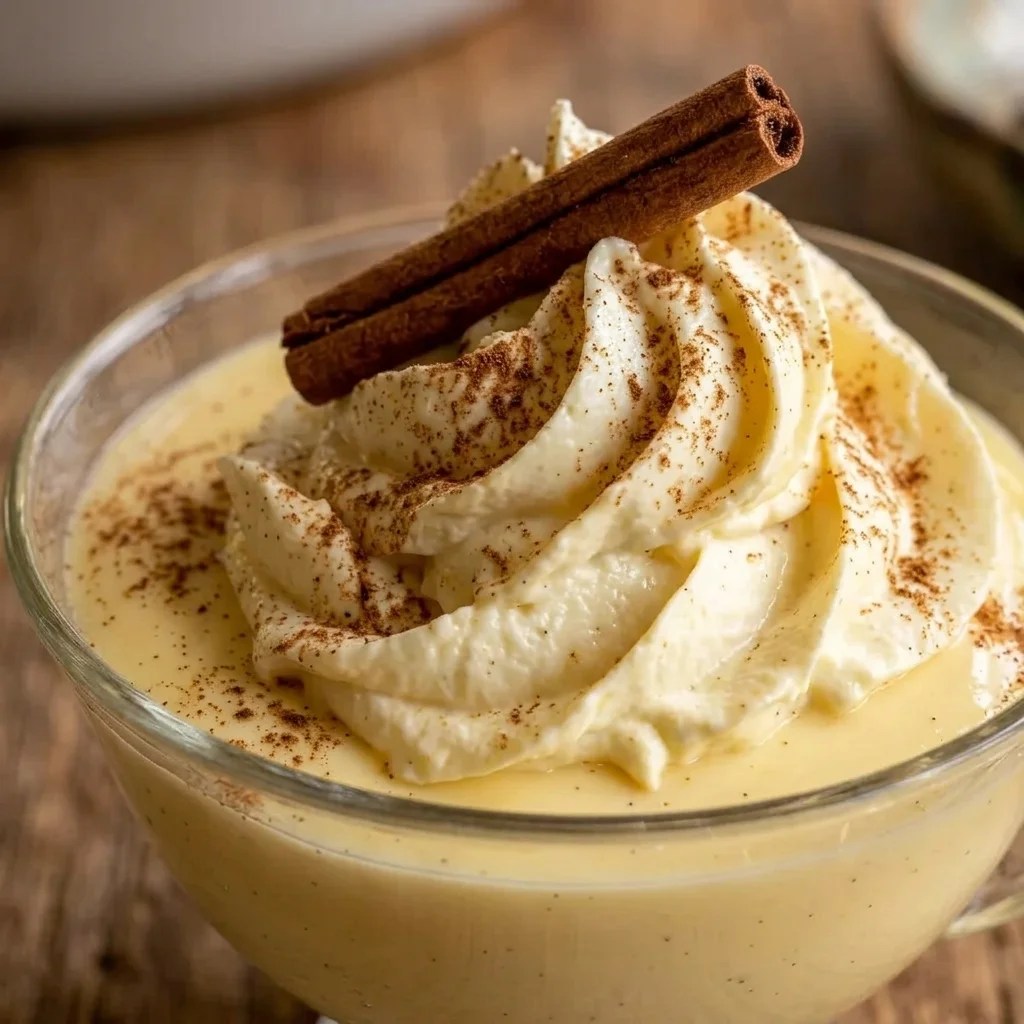 Creamy homemade vanilla bean pudding topped with fluffy whipped cream and a light dusting of cinnamon in a rustic dessert bowl.