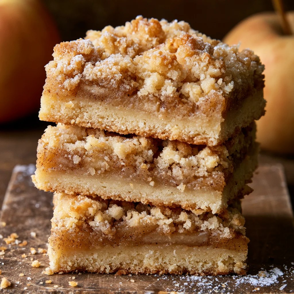 Stacked homemade apple crumble bars with a buttery shortbread base, cinnamon apple filling and golden crumb topping.