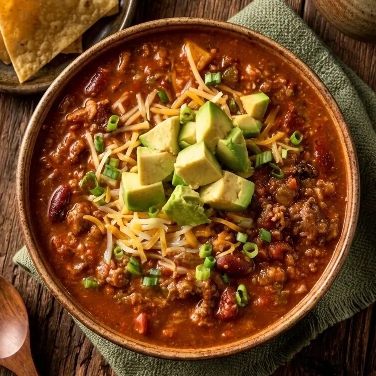Easy slow cooker beef chili with ground beef, kidney beans, tomatoes, shredded cheese, avocado and green onions.