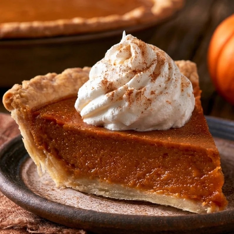 Vintage pumpkin pie with sweetened condensed milk, Old-fashioned pumpkin pie with sweetened condensed milk, warm spices, rum, whipped cream, and nutmeg.