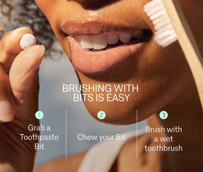 A close-up of a person holding a Bite toothpaste tablet near their mouth, with a bamboo toothbrush in the background. Steps for using the toothpaste bits are displayed, promoting an easy, eco-friendly oral hygiene alternative.