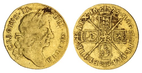 Guinea de Carlos II con CAROLVS mal escrito CRAOLVS.