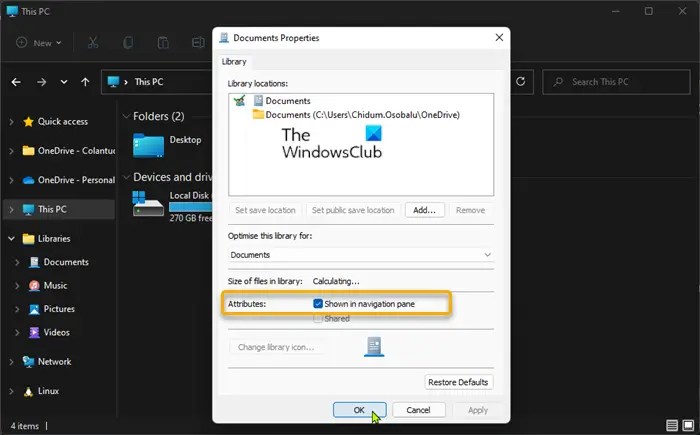 Bibliotheken toevoegen of verwijderen uit het navigatievenster van de Verkenner in Windows 11/10 (3) Bibliotheken toevoegen of verwijderen uit het navigatievenster van de Verkenner in Windows 11/10 (3)
