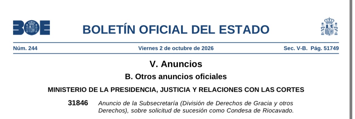 Anuncio del Boletín Oficial del Estado relativo a la solicitud de sucesión en el condado de Riocavado.
