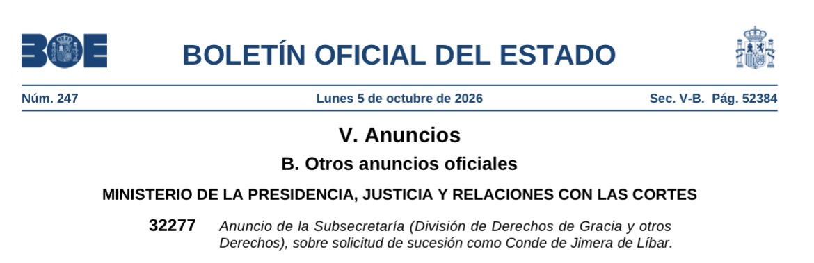 Anuncio del Boletín Oficial del Estado relativo a la solicitud de sucesión en el condado de Jimera de Líbar.