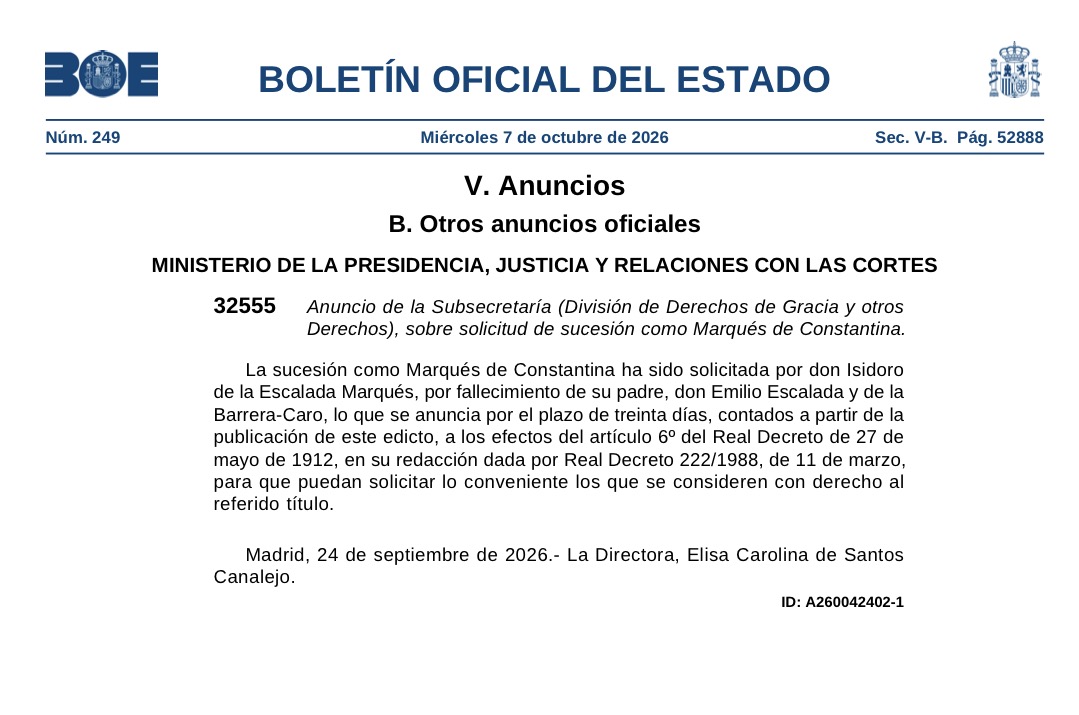 Anuncio del Boletín Oficial del Estado relativo a la solicitud de sucesión en el marquesado de Constantina.