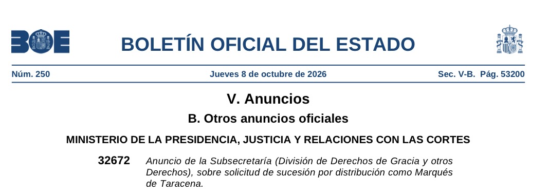 Anuncio del Boletín Oficial del Estado relativo a la solicitud de sucesión por distribución en el marquesado de Taracena.
