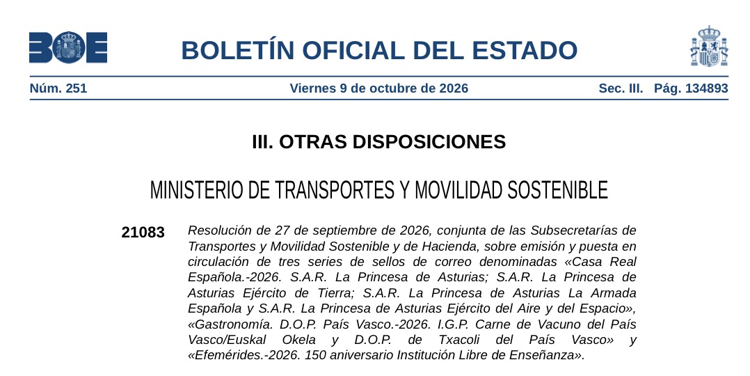Resolución del Boletín Oficial del Estado sobre la emisión de cuatro sellos dedicados a la Princesa de Asturias y a su formación en los tres Ejércitos.