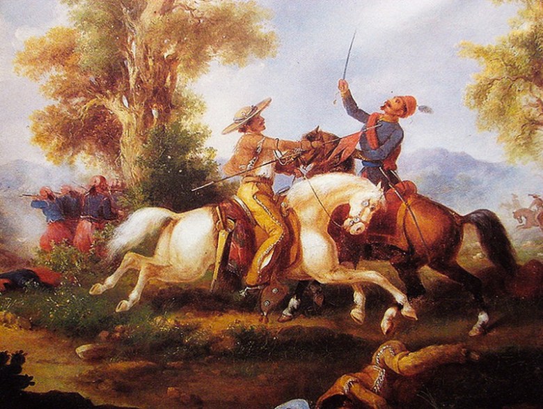 “Lancero derriba a un oficial francés,” pintura de 1875 por Manuel Serrano. “Lancer beats down a French official,” 1875 painting by Manuel Serrano.