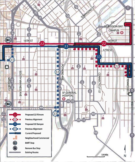 Proposed service changes to MUNI’s 22 Fillmore and 33 Stanyan Routes. Courtesy SFMTA