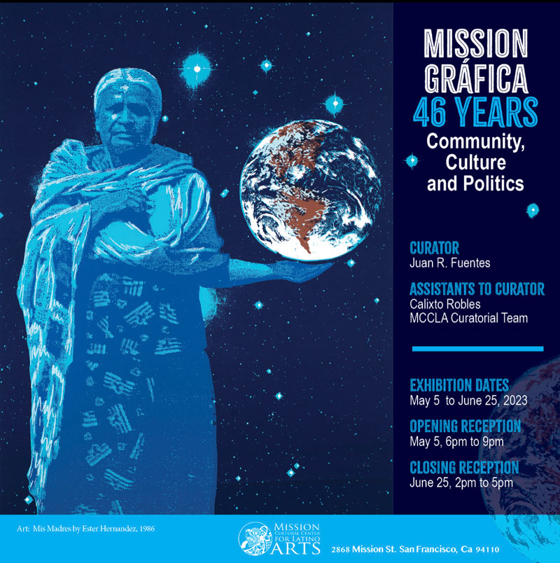 Ester Hernandez’s Mis Madres artwork featured on the poster of MCCLA’s latest exhibition, Mission Gráfica 46 Years: Community, Culture and Politics. Courtesy: MCCLA