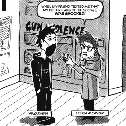 Comic of Leticia Alcantar telling Yano Rivera that: "When my friend texted me that my picture was in the show, I was shocked!"