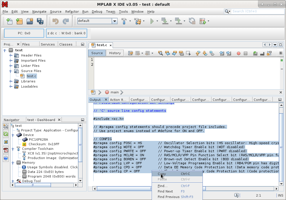 MPLAB X e XC8 no PICsimLab: project config bits code copy